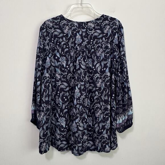 Garnet Hill Boho Border Print Blouse 6 Blue Paisley Floral Peasant Crinkle Shirt - Picture 9 of 9